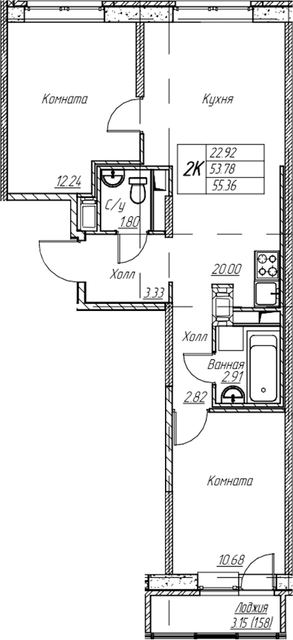 2-комнатная квартира 55.36 м², 5/22 эт., ЖК «Парк-квартал Юнтолово»